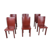 6 chaises de salle à manger en cuir rouge fabriquées en Italie, années 1980