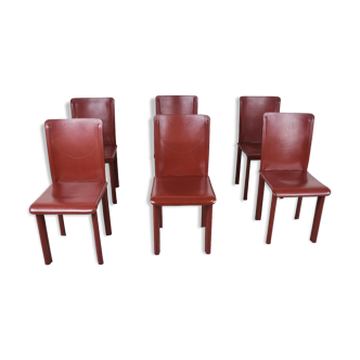 6 red leather dining chairs made in Italy, 1980s