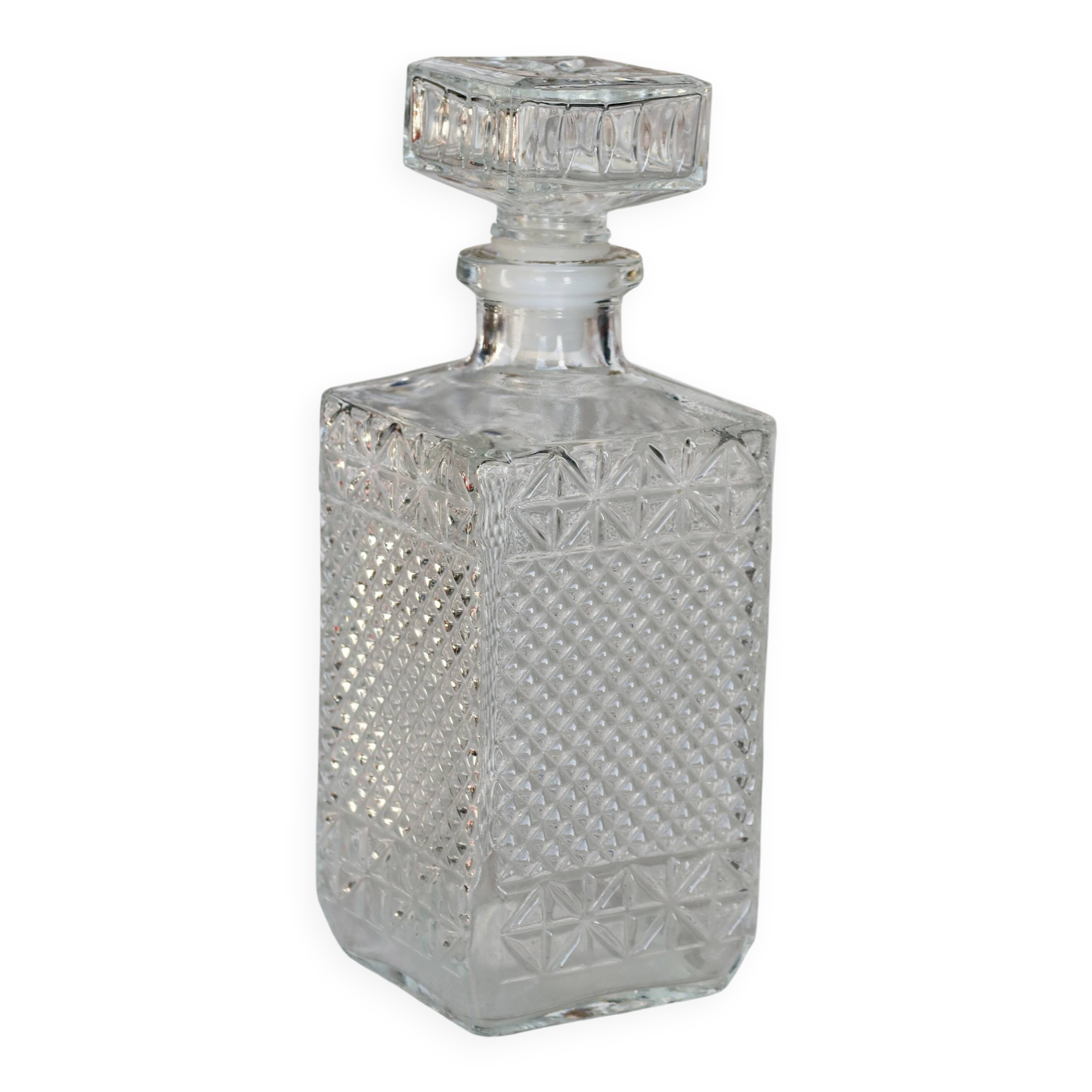 Carafe à whisky vintage en verre pressé – Bouchon gravé fleur