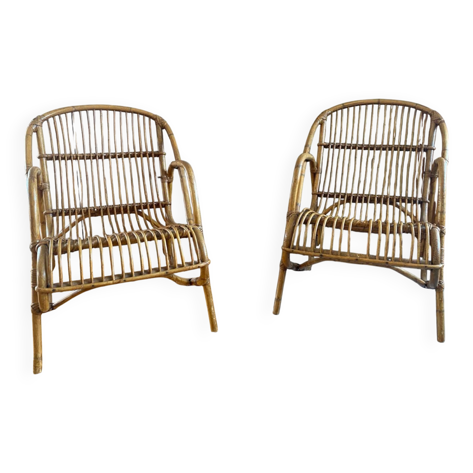 Rare pair of vintage rattan and wicker armchairs from the 1950s