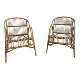 Rare pair of vintage rattan and wicker armchairs from the 1950s