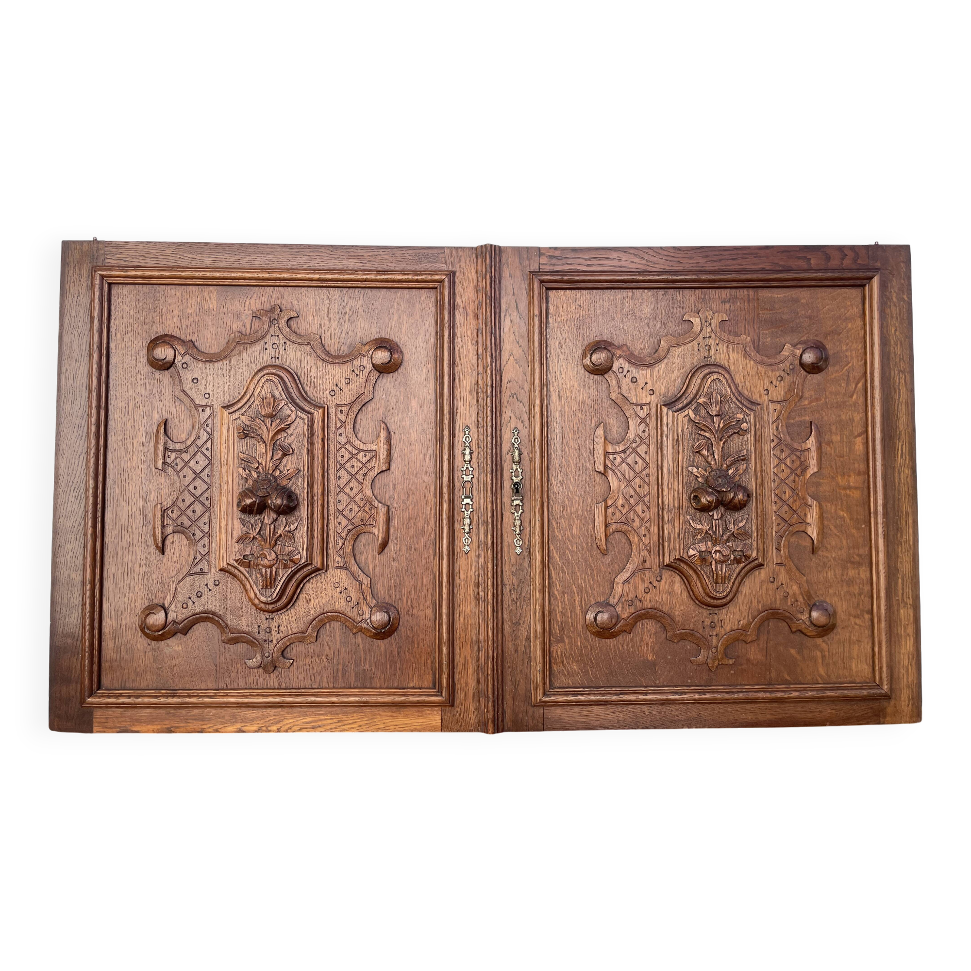 Pair of old carved wooden door panels Bas relief (oak)