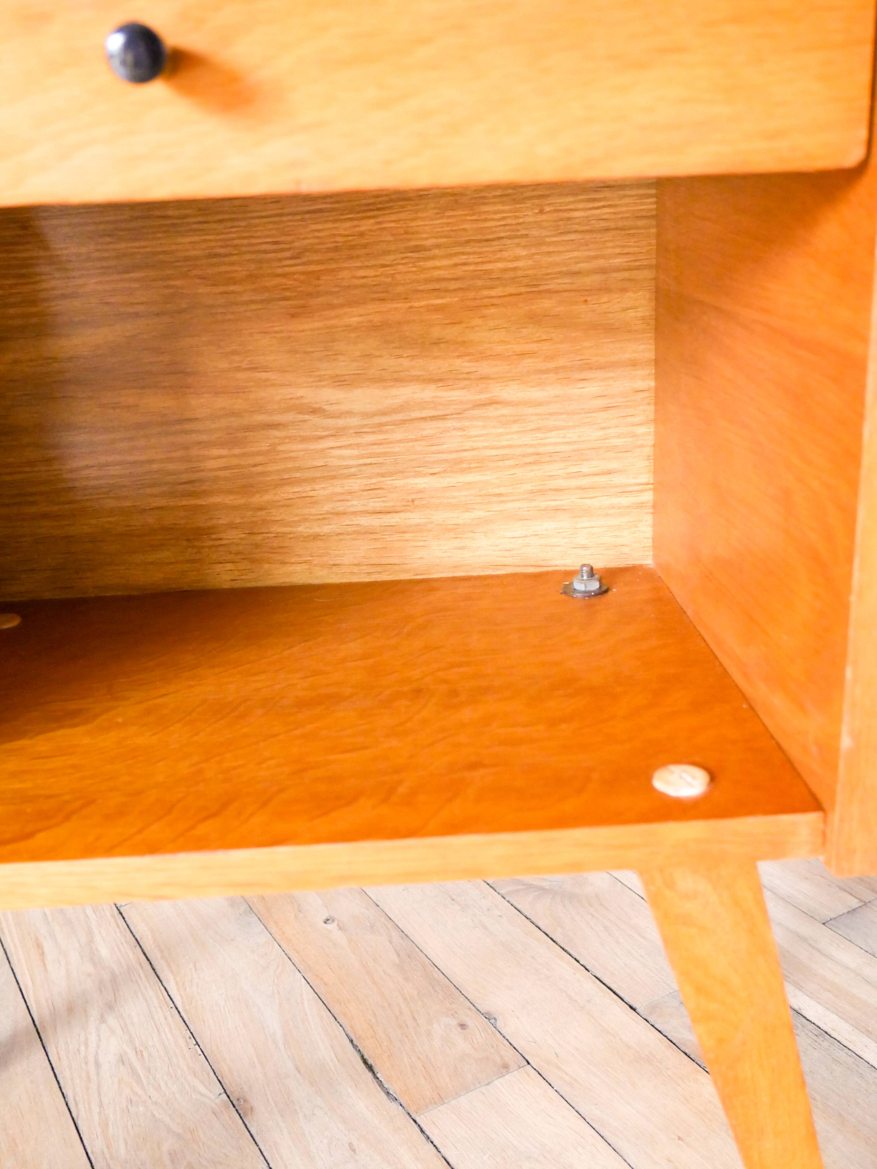 Scandinavian bedside table in teak veneer, with tapered legs and a drawer, 1960.