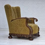 Fauteuil danois à dossier haut, années 1960, laine d'ameublement, bois de chêne massif.