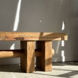 Solid wood bench with openwork base crossed by a cylinder - Mango wood