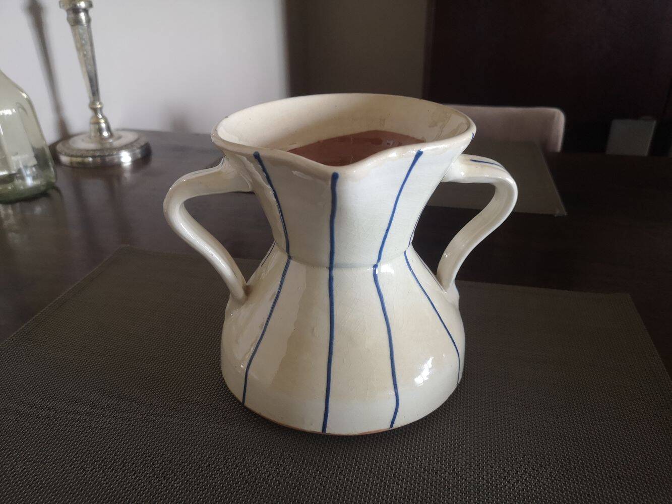 Enamelled terracotta vase pitcher with double handles - 1950s/1960s