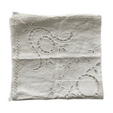 Old tablecloth embroidered Richelieu in white linen