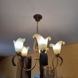 Chandelier 5 arms original 1980 in metal and polished glass