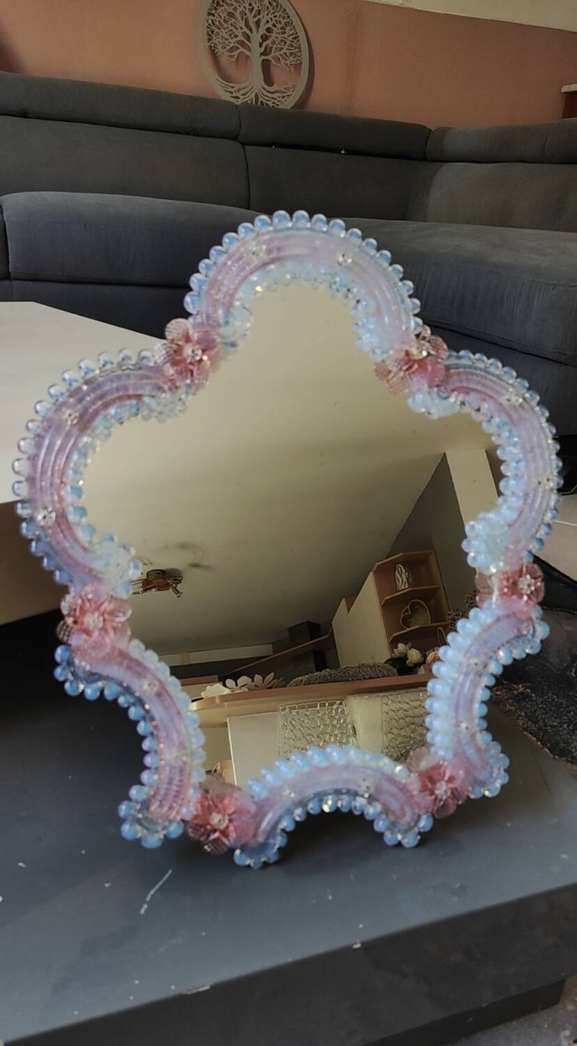 Iridescent blown glass mirror table/dressing table Murano. Floral patterns.
