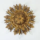 Plafonnier italien vintage lampe florentine feuilles en métal style régence hollywoodienne