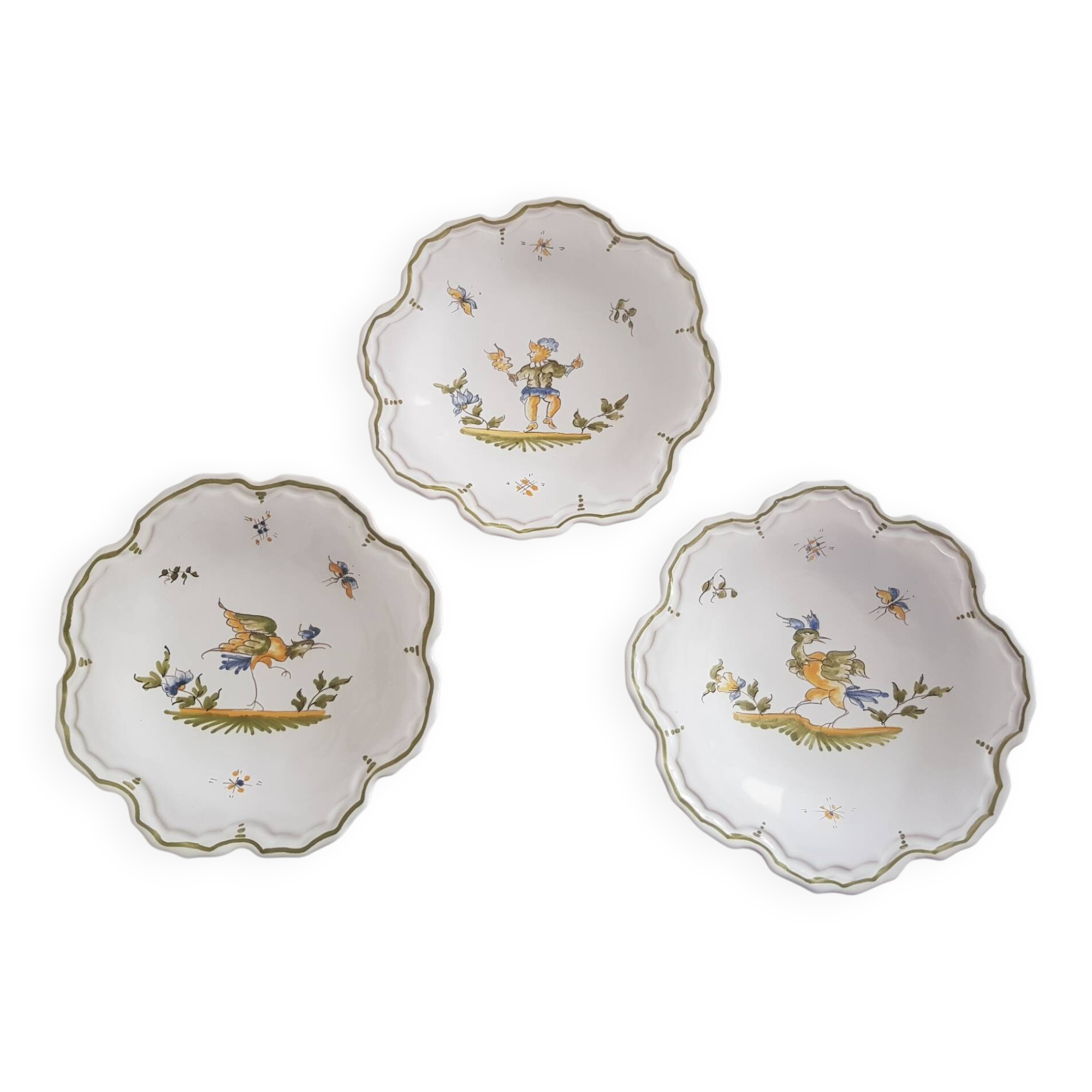3 small signed Moustiers decorated plates with lace