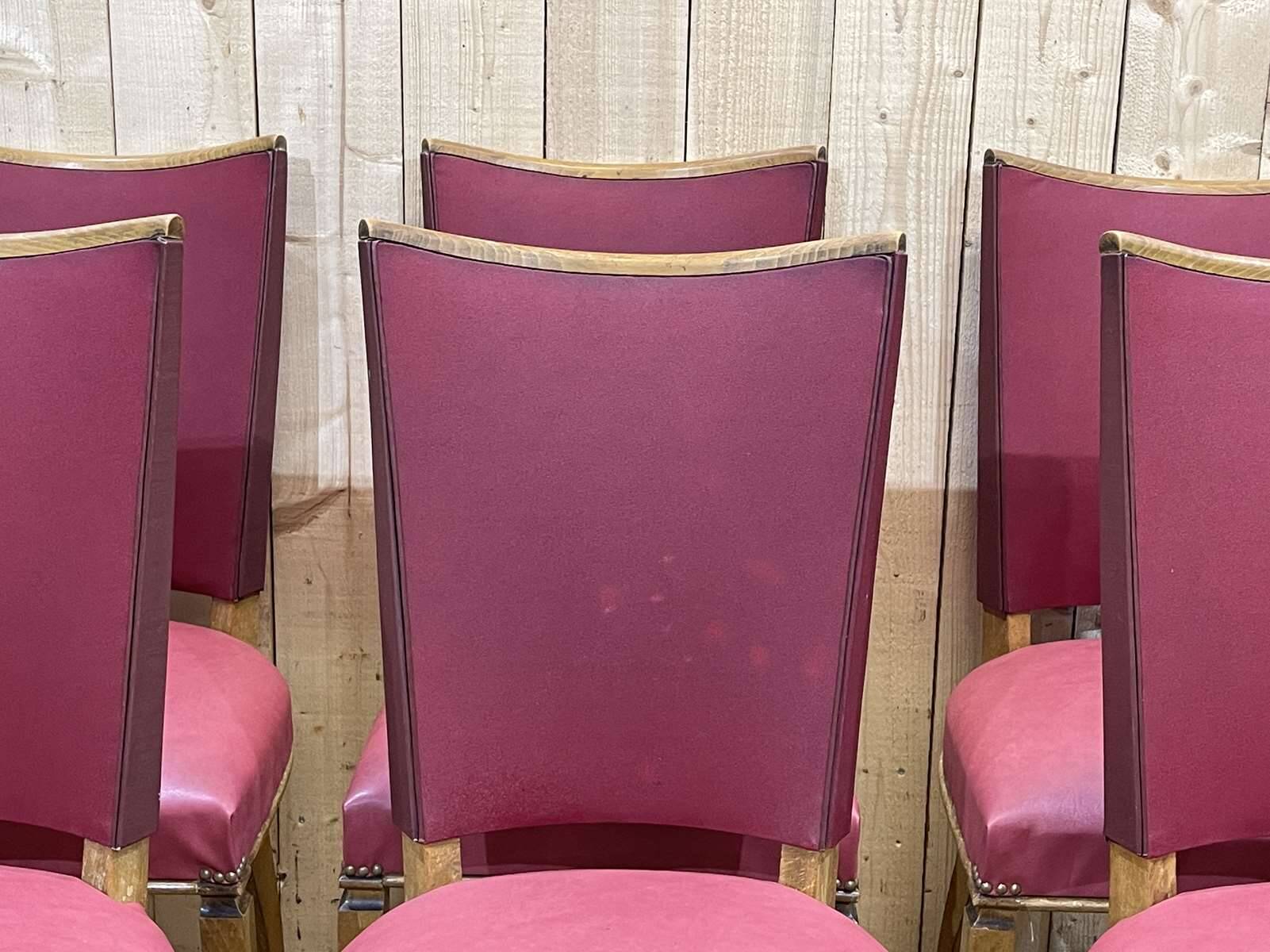 Set of 6 beech chairs with skai in the style of Jules Leleu.
