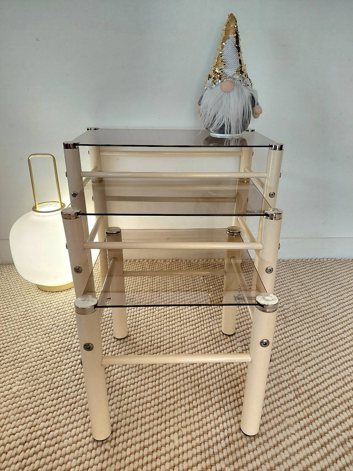 Vintage nesting tables Boutboul - cream metal and smoked glass - 70s design.