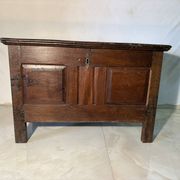 Rustic antique oak chest, original fittings and moulded panels.
