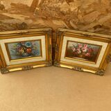 Pair of robert cox still life flowers oil painting canvas + golden wood frame