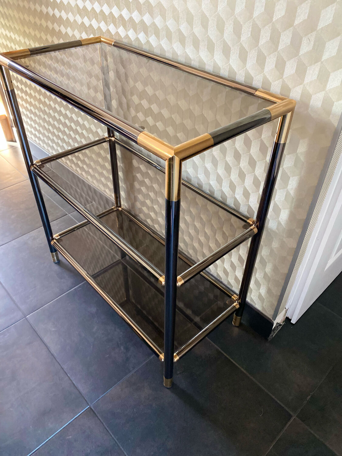 Console shelf smoked glass aluminum and brass