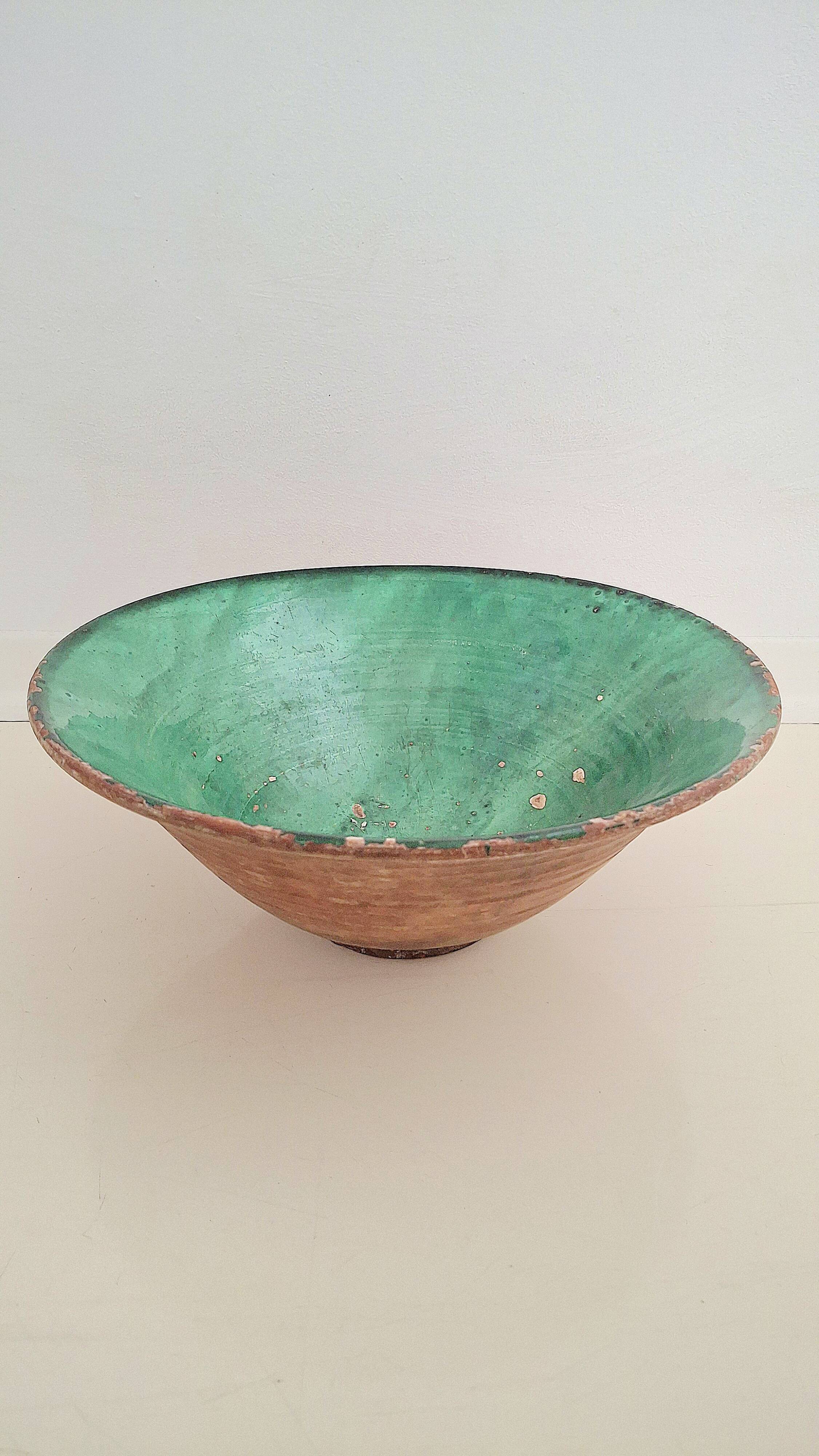 19th century Antique Hand-Glazed Terracotta Conical Bowl in Emerald Gr