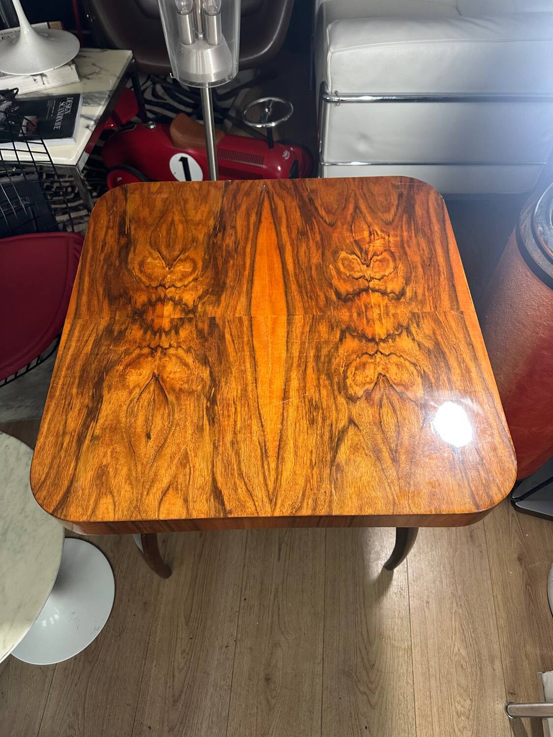 Rare walnut Spider table by Jindrich Halabala, 1950s.