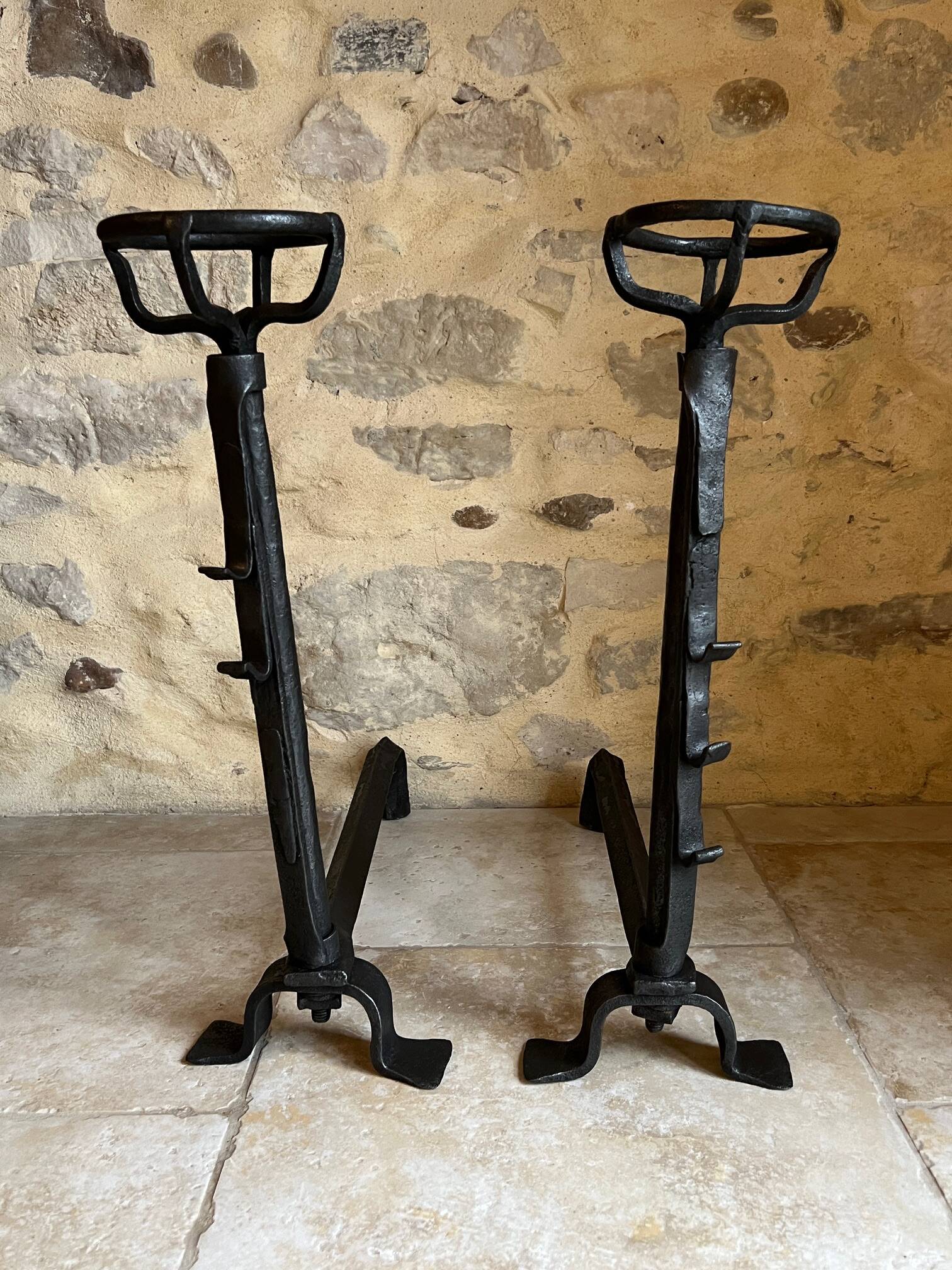 Pair of 18th century wrought iron andirons, log-carrying andirons