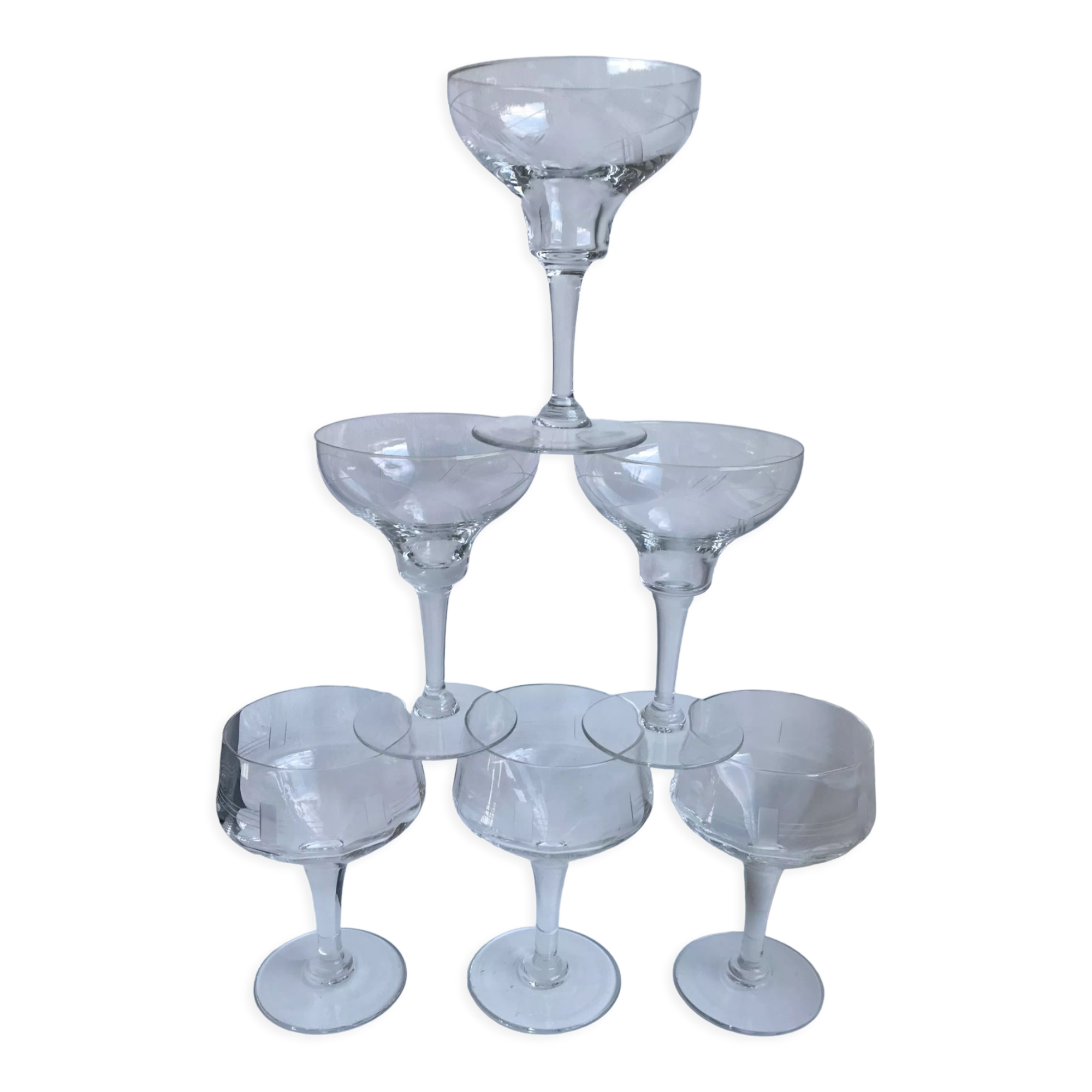 Set of 6 champagne glasses in crystal engraved Art Deco 30s