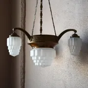 Art Deco lustre in brass and frosted pressed glass from the 1930s.