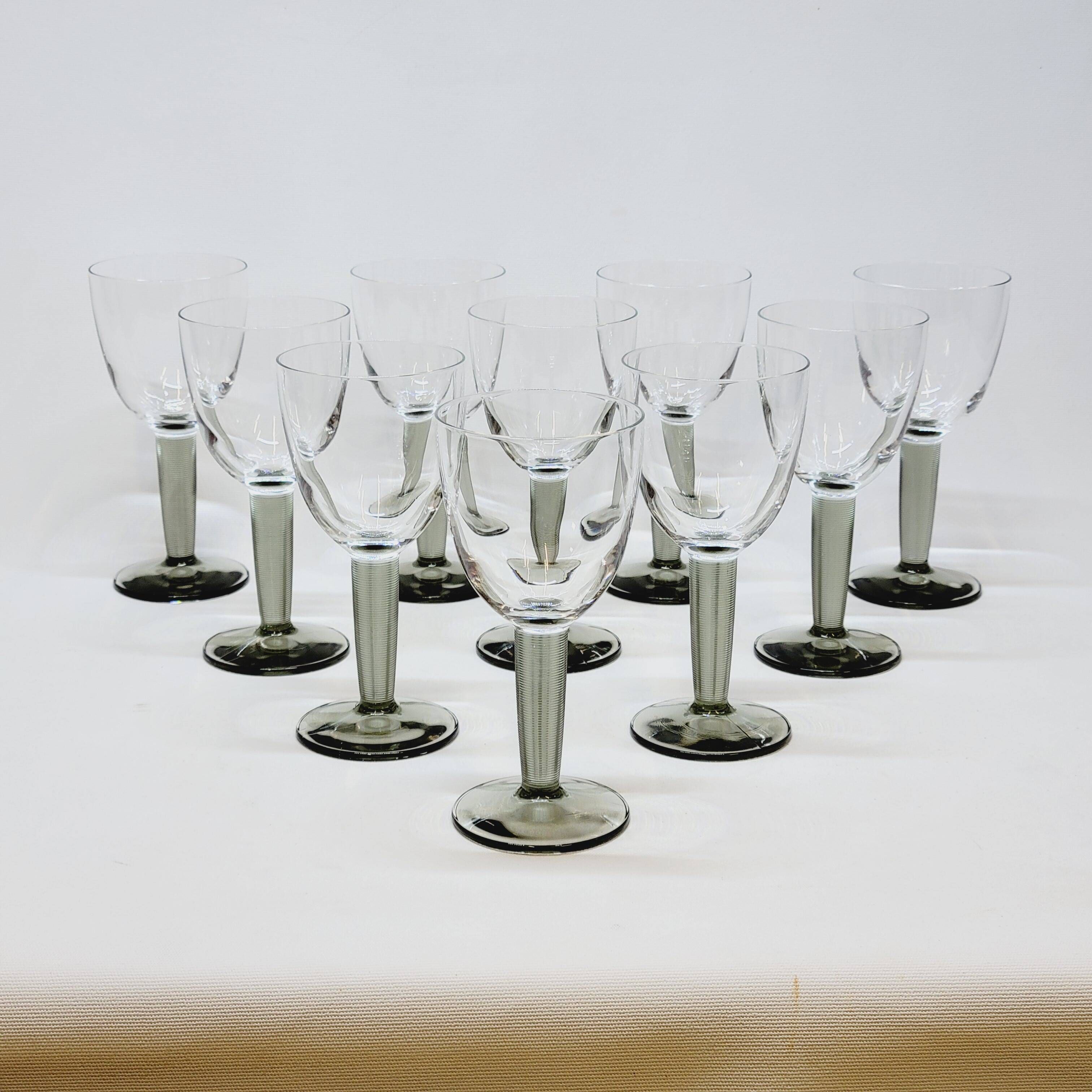 10 Bormioli Rocco Vintage Crystal Wine Glasses with Grooved Grey Stem