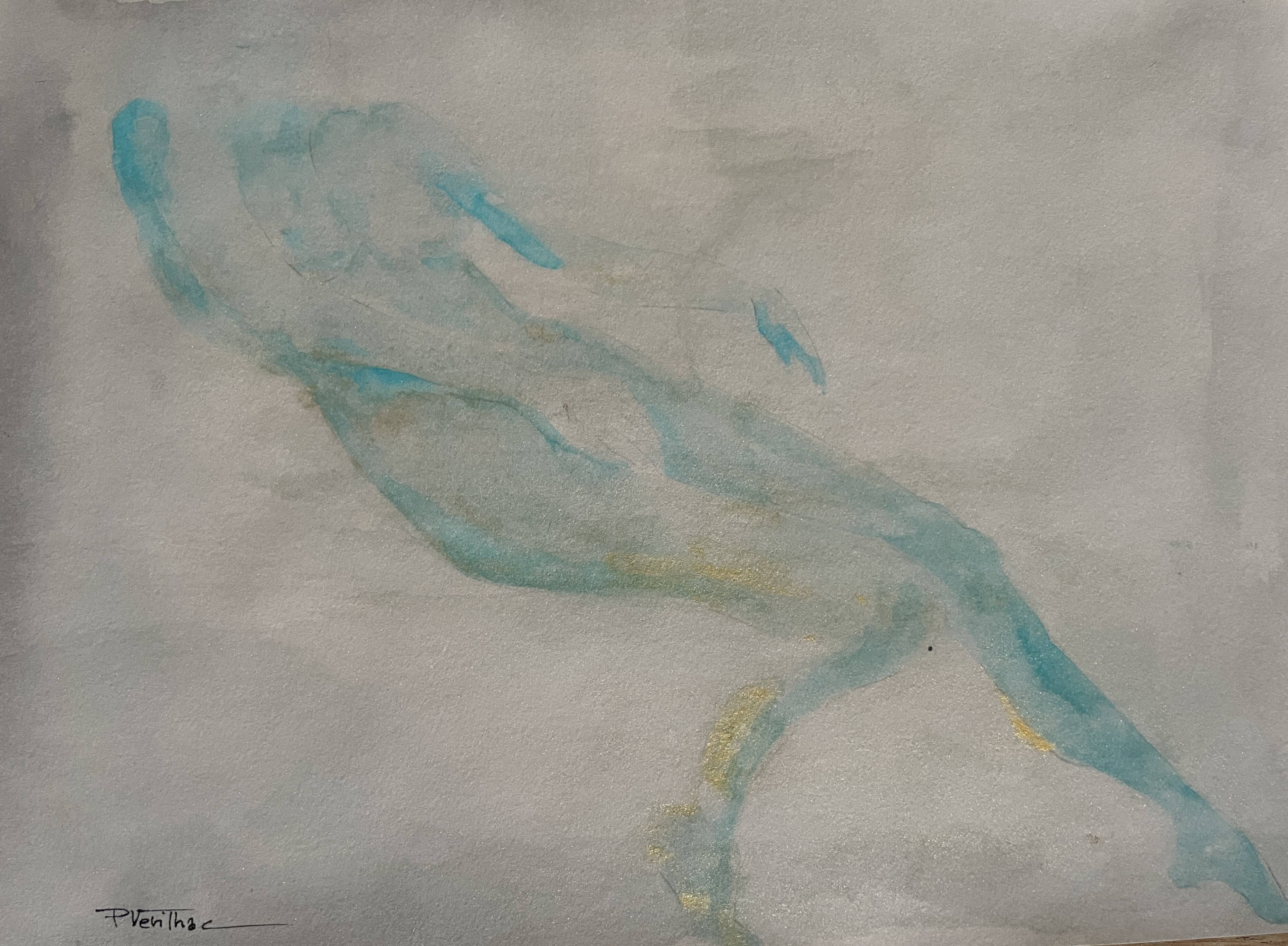 Tableau signé aquarelle monochrome « étude femme allongée »