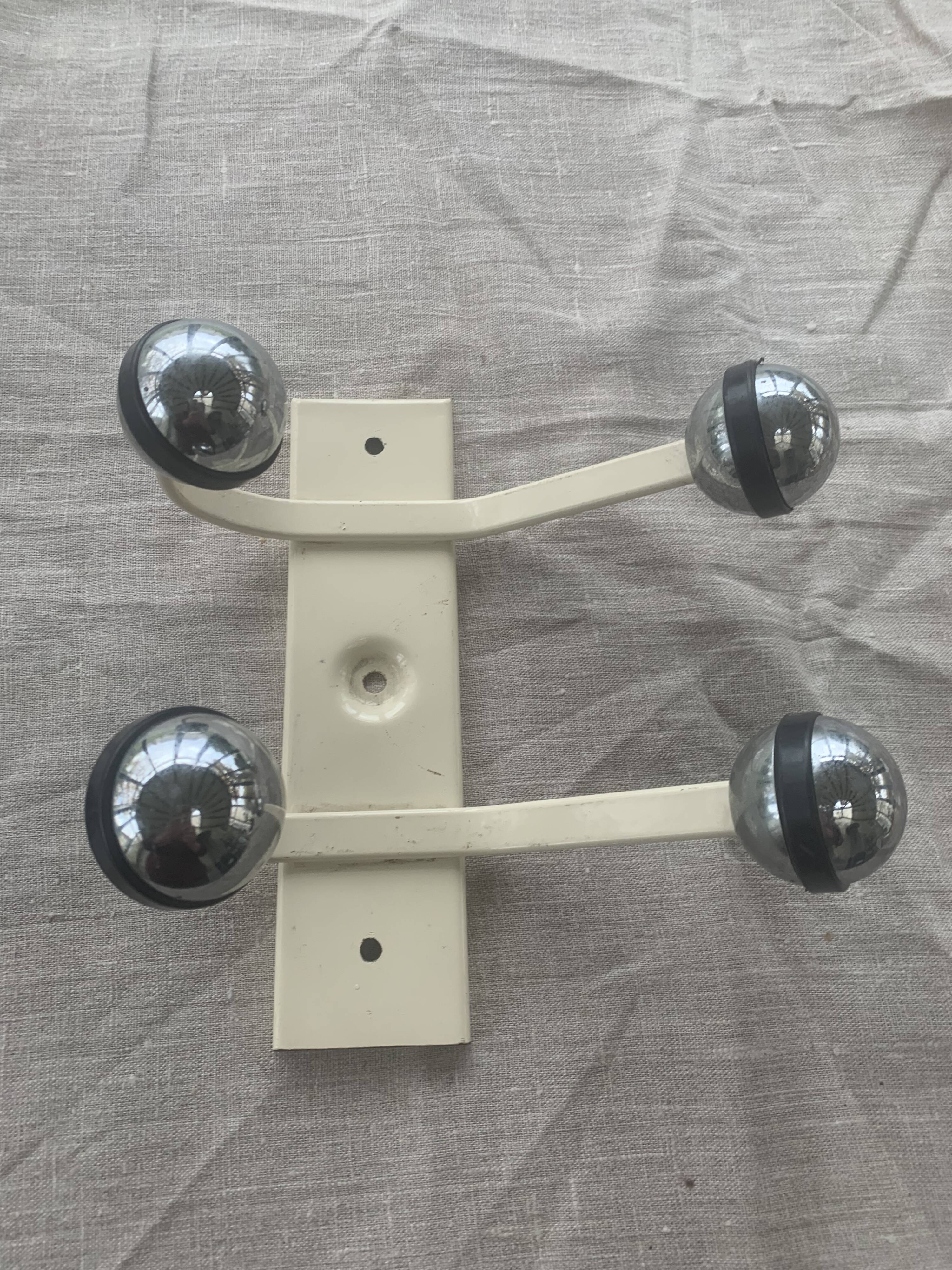 Industrial wall coat rack two hooks in white lacquered metal and vintage silver 1970
