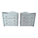 Pair of vintage bedside tables in celadon velvet