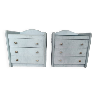 Pair of vintage bedside tables in celadon velvet