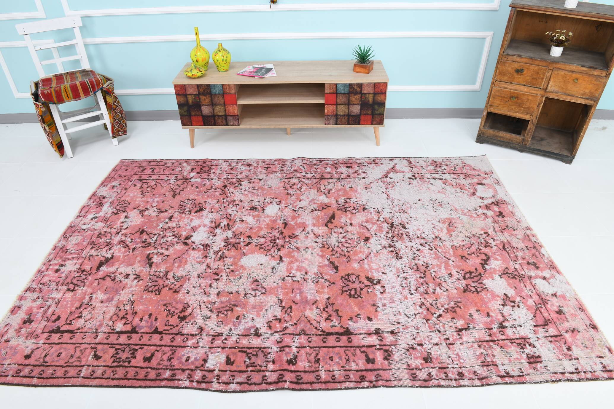 pink overdye turkish vintage carpet  , pink vintage distressed vintage rug.