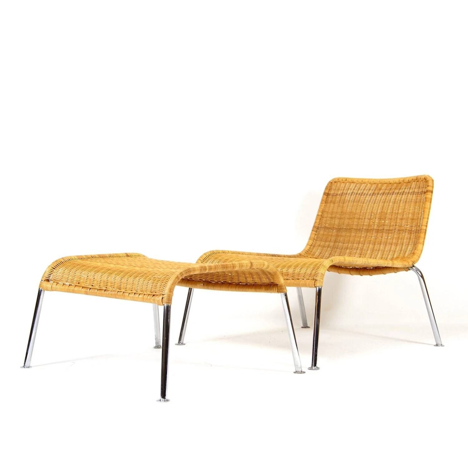 Retro Vintage Danish Chrome Rattan Lounge Easy Lounge Chair Armchair + Stool 70s