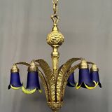 Solid bronze Art Deco style chandelier with iconic handmade lampshades.