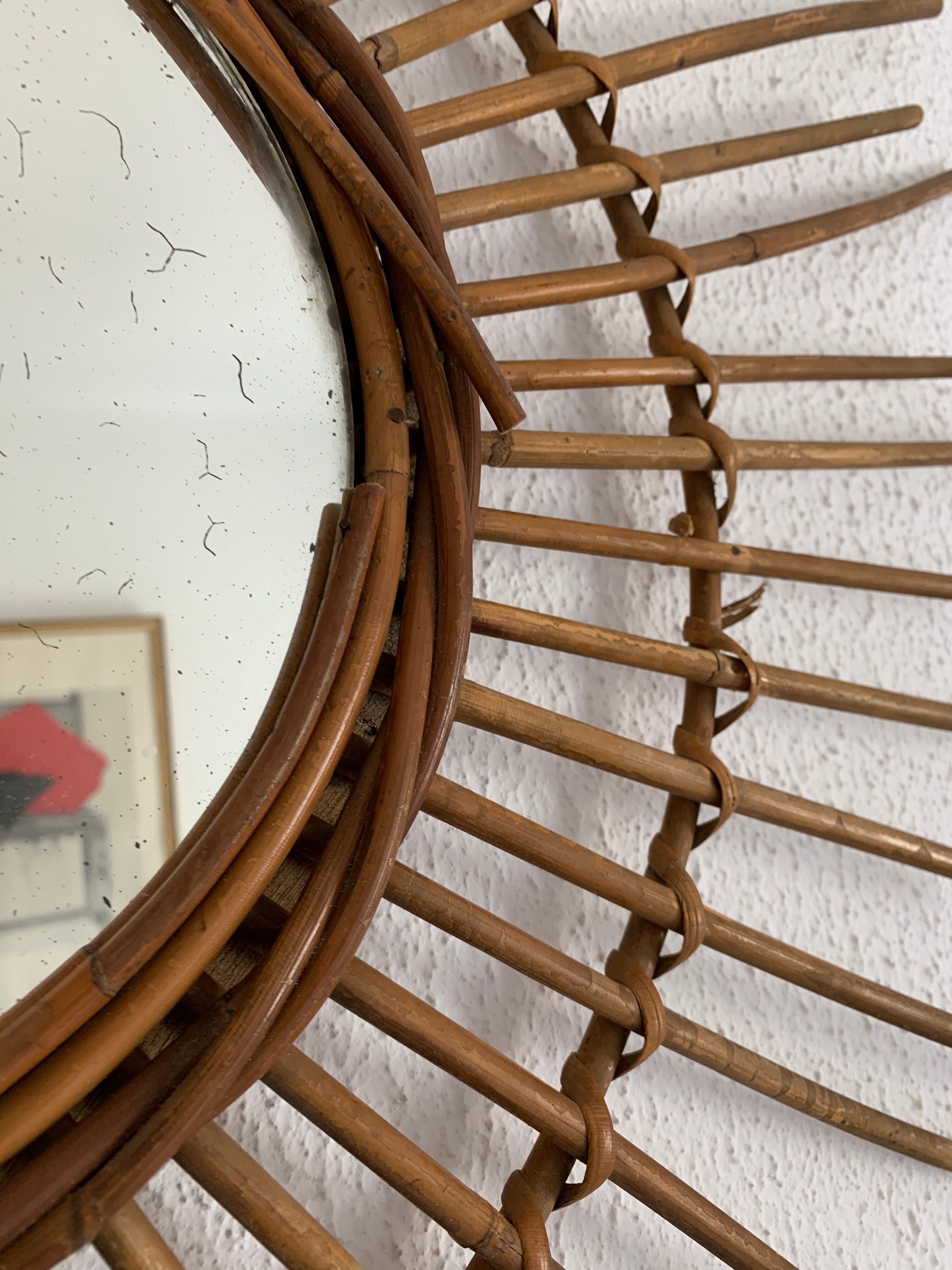 Miroir vintage 1960 soleil rotin - 78 cm