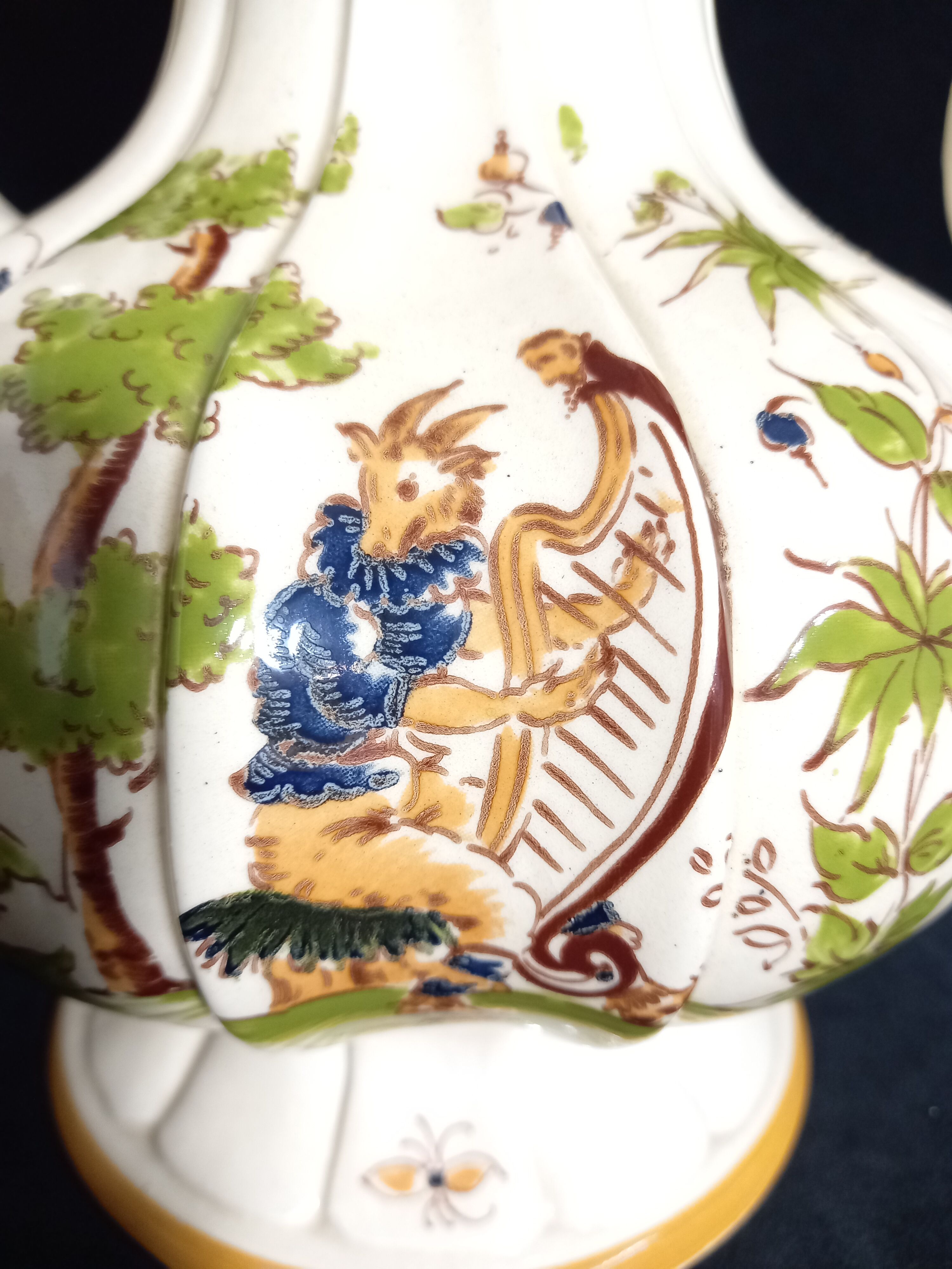 Faience ewer with dragon's head spout - decor 'vieux moustier'