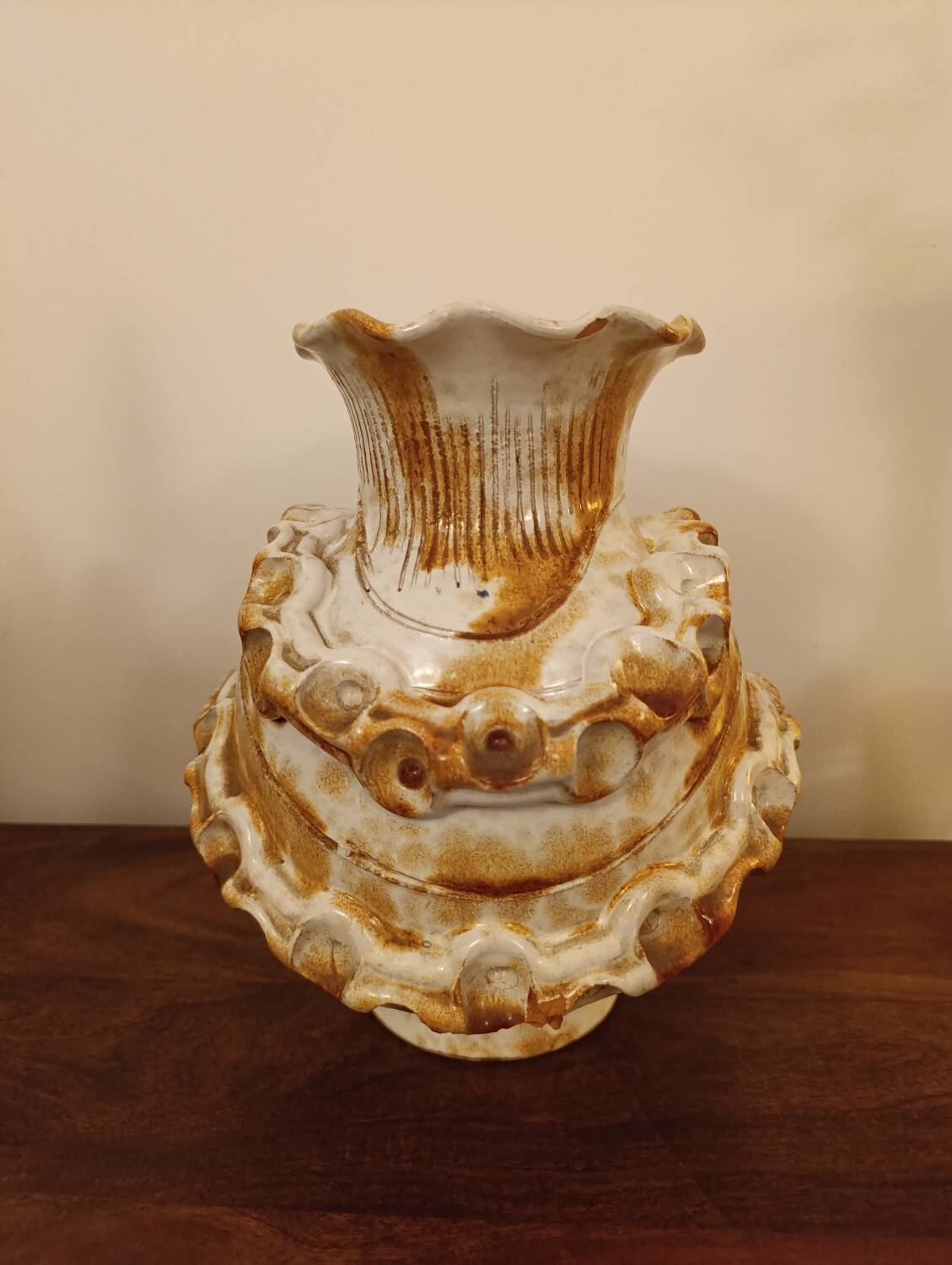 Large brutalist Italian ceramic vase, vintage two-tone, 60s/70s.