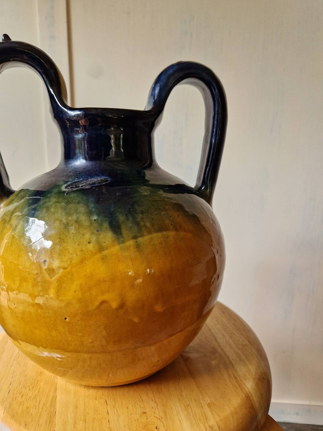 Pottery, jar, old jug in yellow and green glazed terracotta