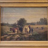 Oil on the tabla “Paisaje con ganado”, Firmado “Ruytter”, Escuela Barbizon, s. XIX – France