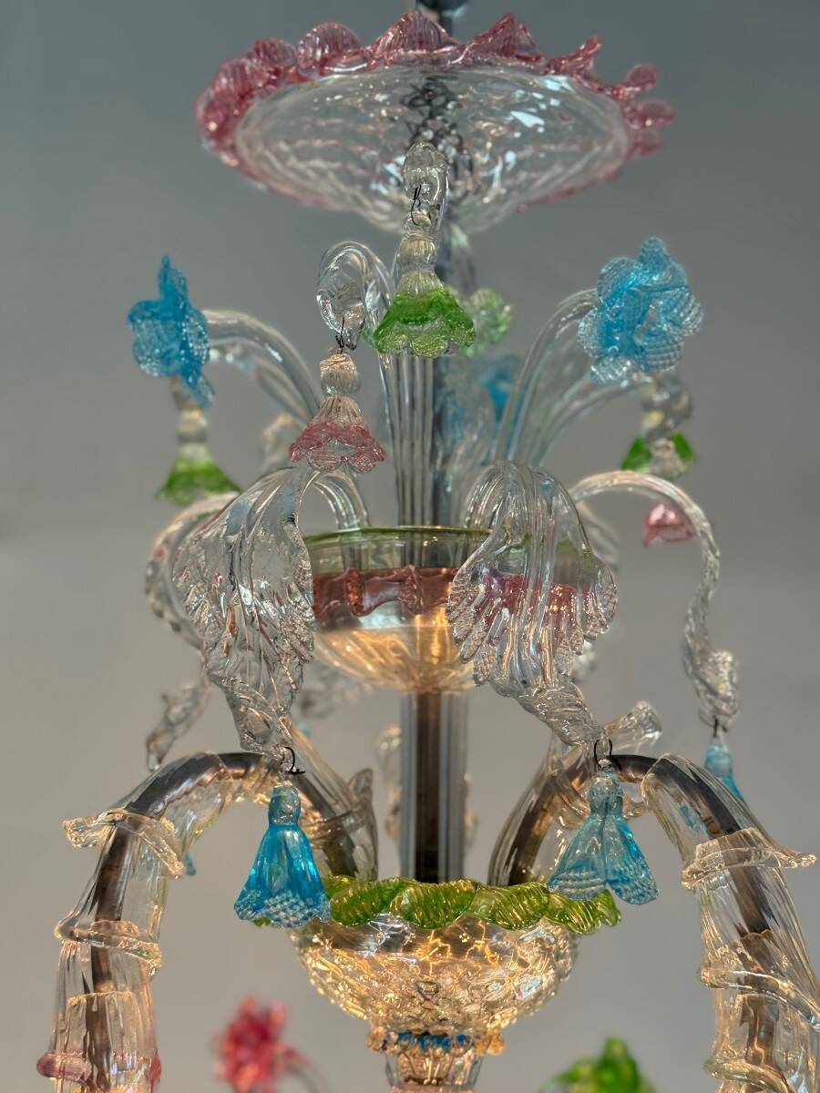 Rezzonico Venetian chandelier in multi-colored Murano glass, 9 light arms, circa 1940