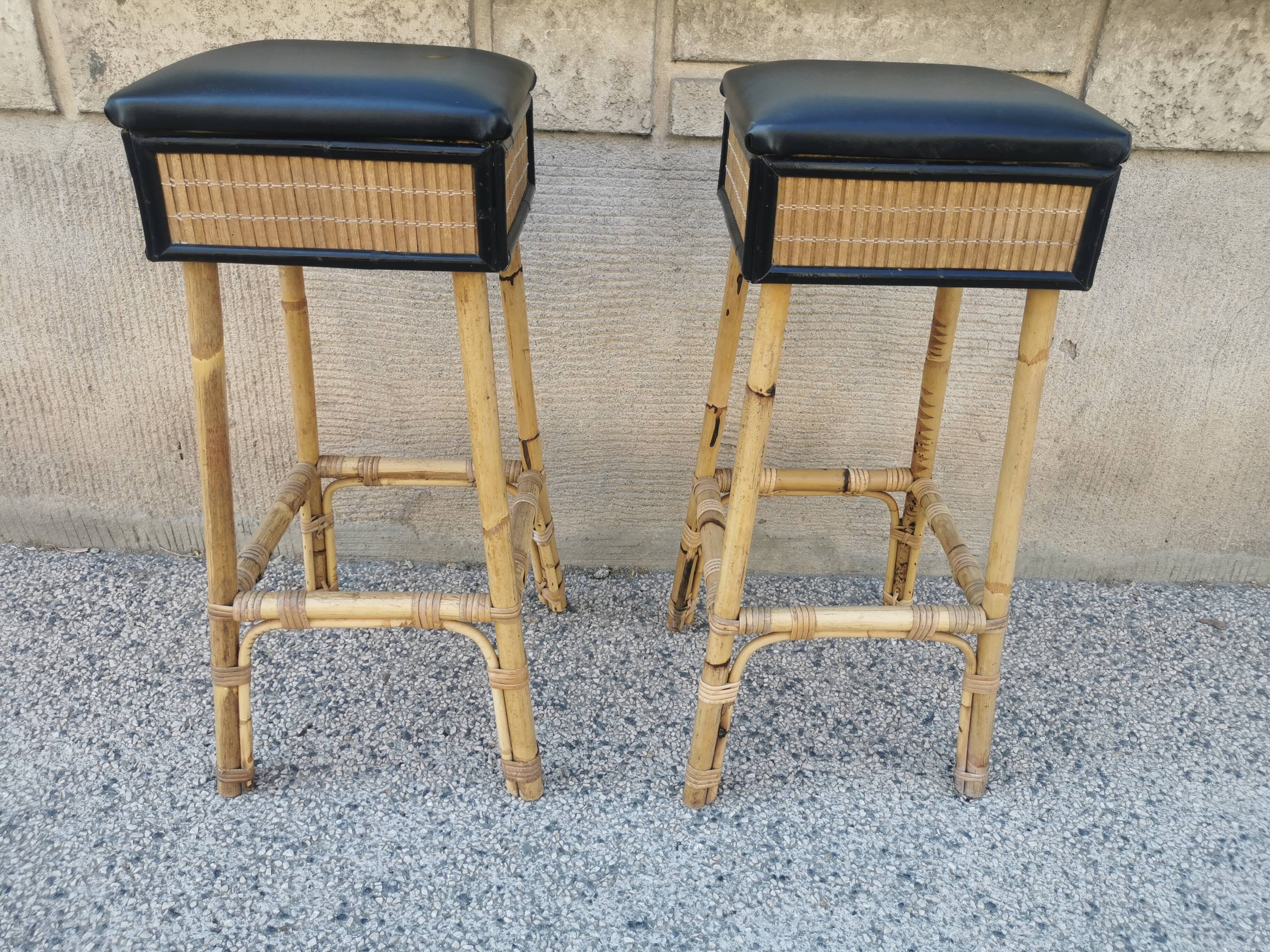 Pair of vintage bamboo stools from the 70s