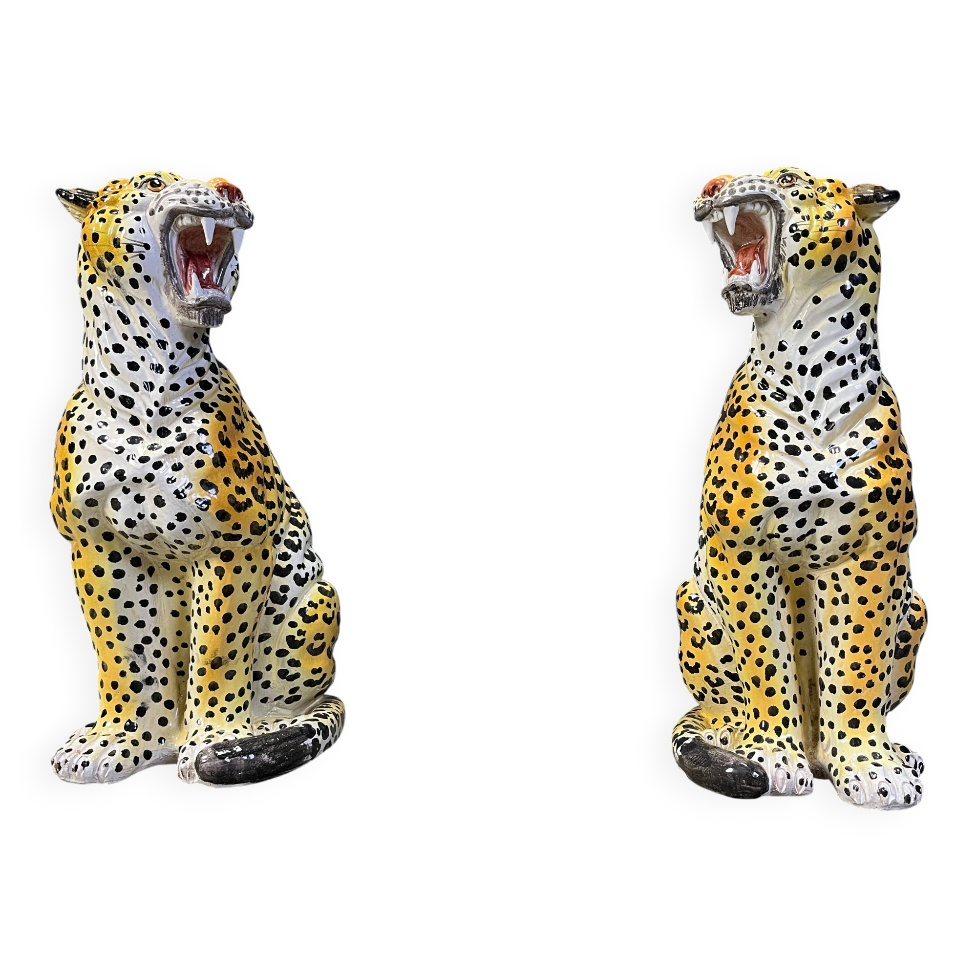 Pair of glazed terracotta leopard figures, Italian, 1960s.