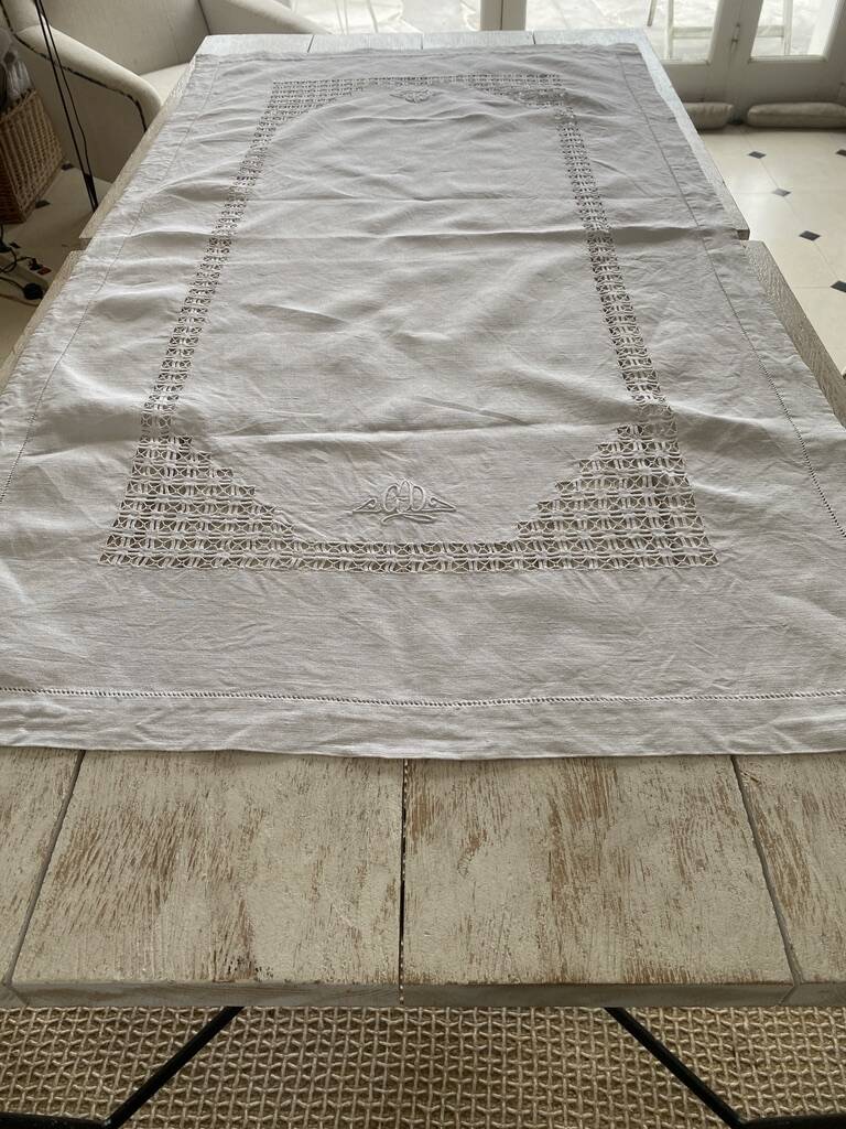 Antique tablecloth, English embroidery and "CD" monogram - 120x75 cm - Linen