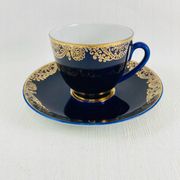 6 Lomonosov Cups and Saucers in Cobalt Blue with Gold Trim