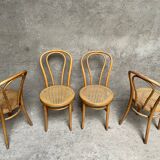 Set of 4 vintage bistro chairs in curved wood and cane seats 1950 1960