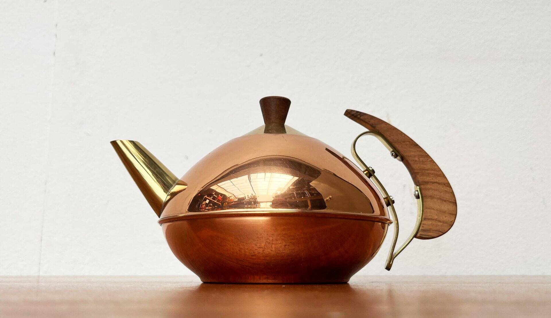 Metal and teak teapot from the mid-century, 1960s.