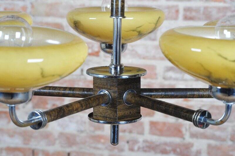 Art Deco Chandelier in Chrome and Beech, Czech, 1920s