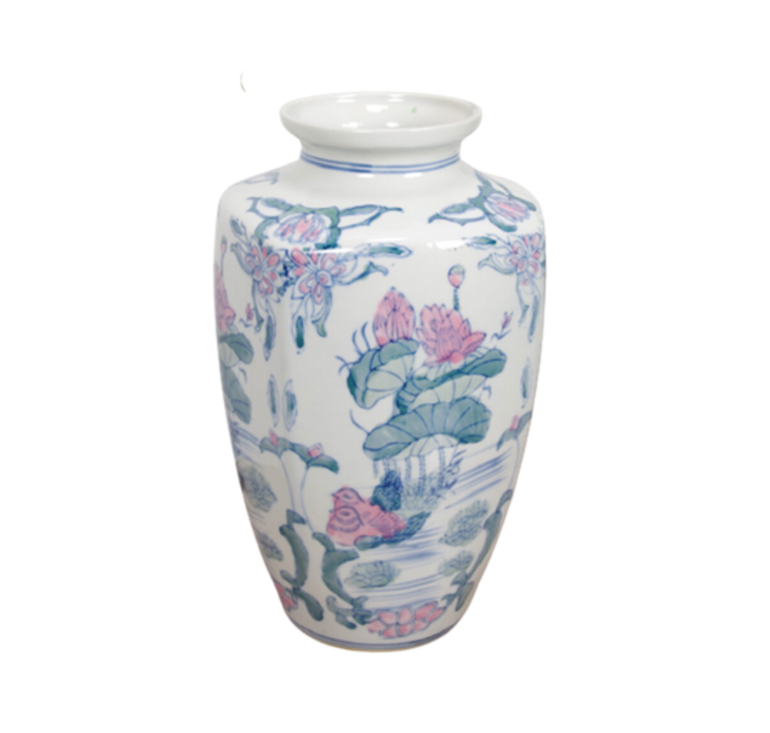 Vintage porcelain vase with pink flowers
