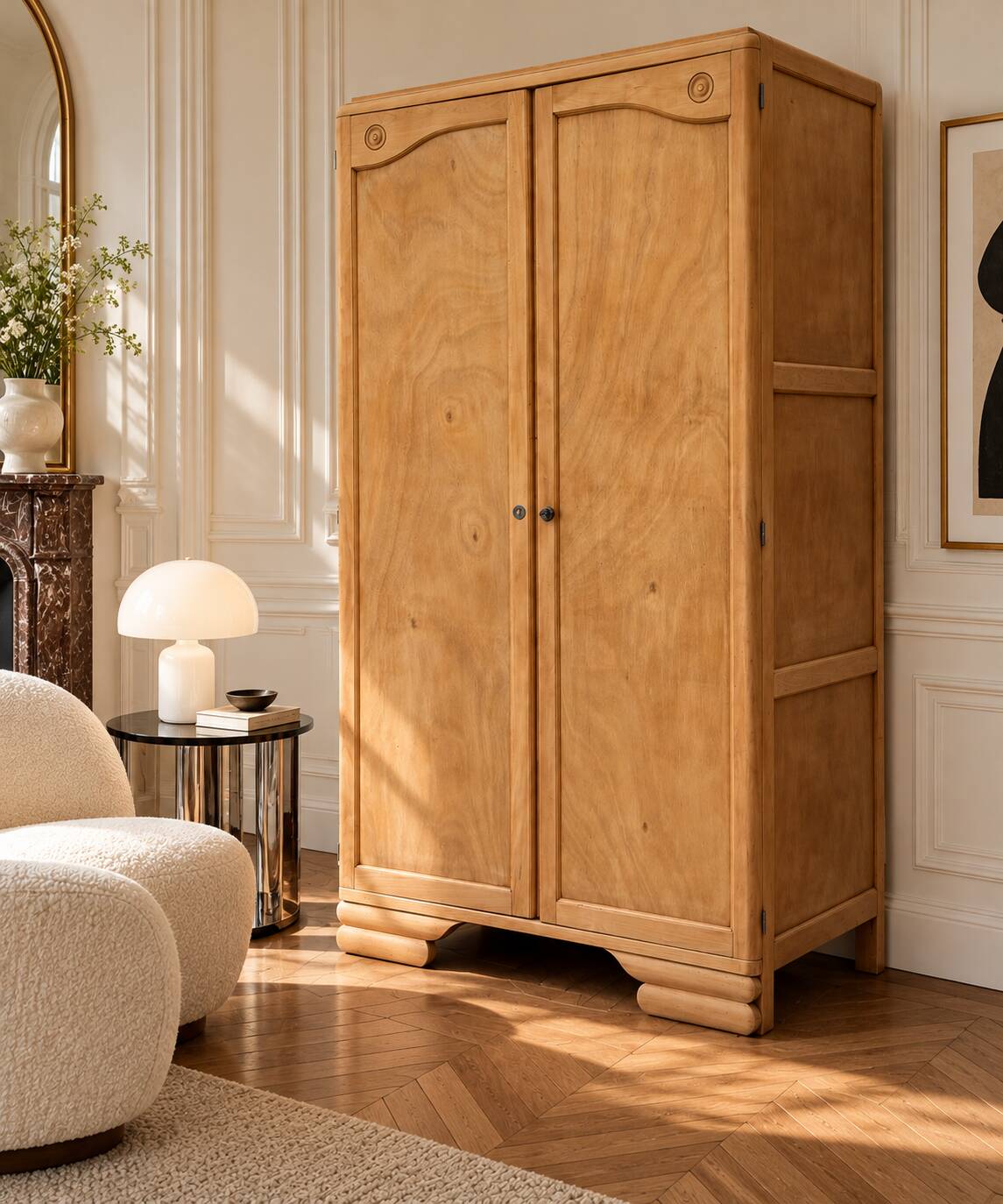 Parisian Art Deco wardrobe, renovated with raw wood.