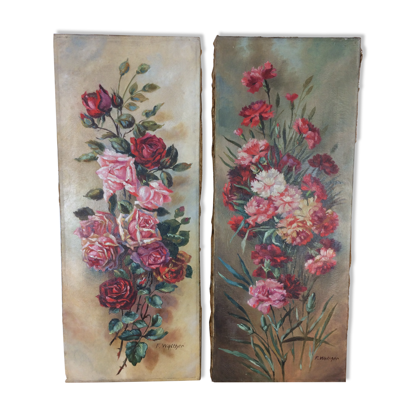 Suite of 2 old still lifes, painting on canvas, flowers
