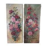 Suite of 2 old still lifes, painting on canvas, flowers